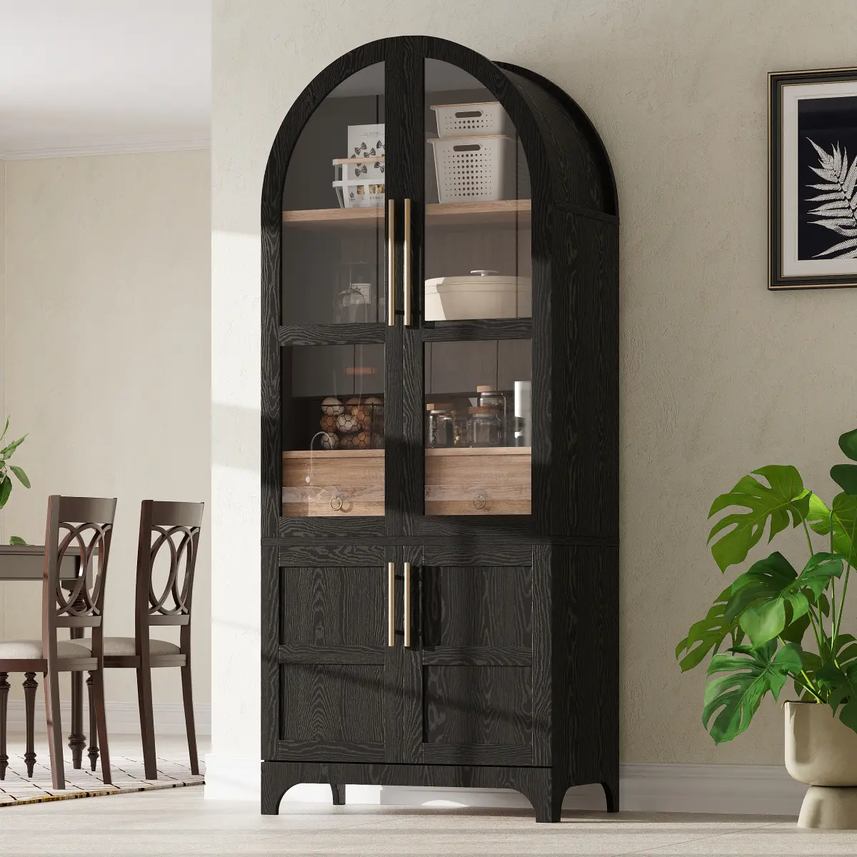 71" Tall Arched Kitchen Pantry Cabinet with Door Shelves, Farmhouse Kitchen Storage Cabinet with Open & Adjustable Shelves, Hidden Drawer & Glass Door, Cupboard for Kitchen, Dining Room, Black