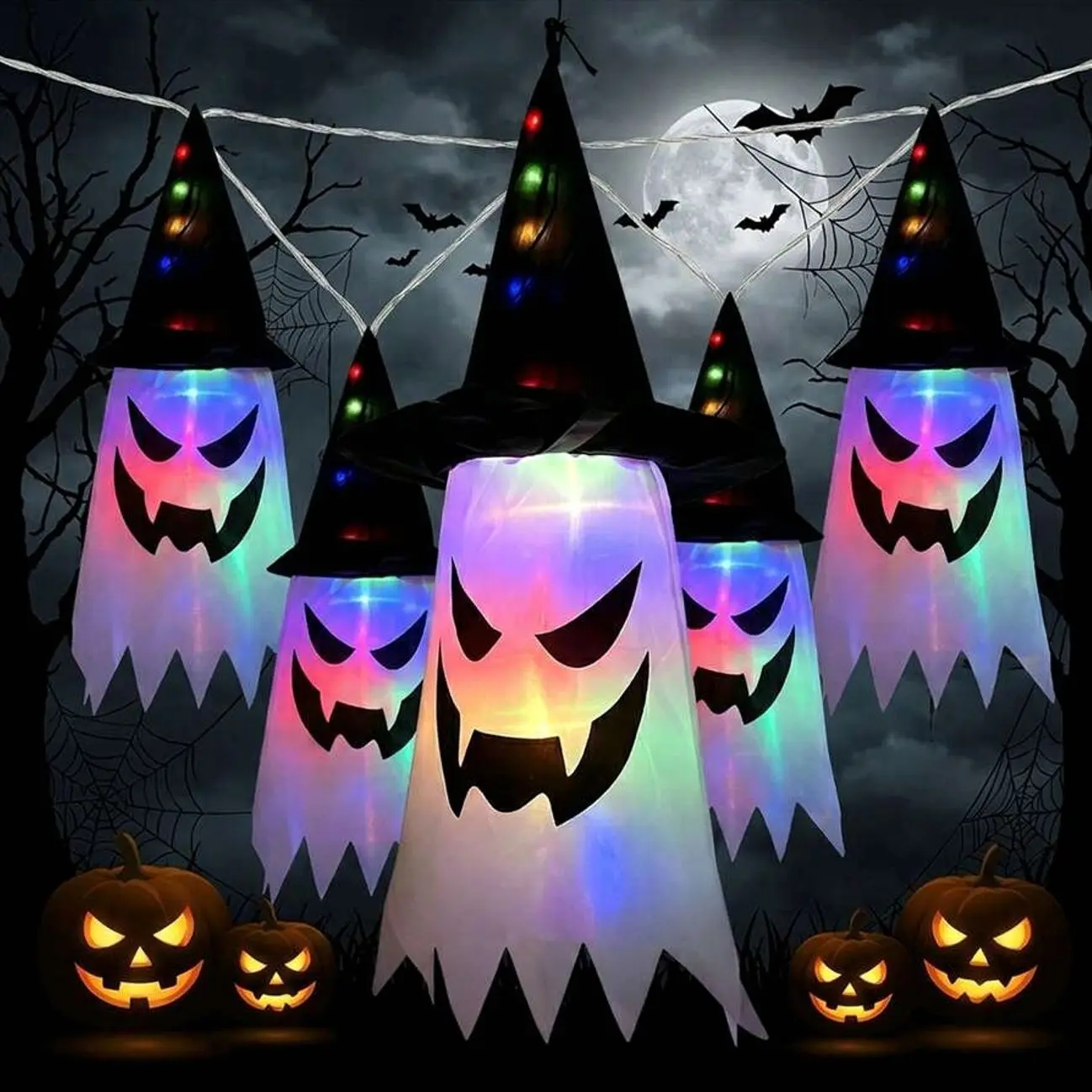 5 PCS Halloween Decorations Glowing Ghost Witch Hats DIY Halloween String Lights - Spooky Ghost Indoors Hanging Decor For Home DIY Halloween Decorations