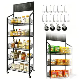 5-Tier Display Rack ,Supermarket Snack Display Stand, Freestanding Black Retail Shelving Unit (Includes 15 Hooks & 4 Casters),Large Metal Display Rack for Home Storage & Commercial Stores , Storage Shelf , Snack Rack