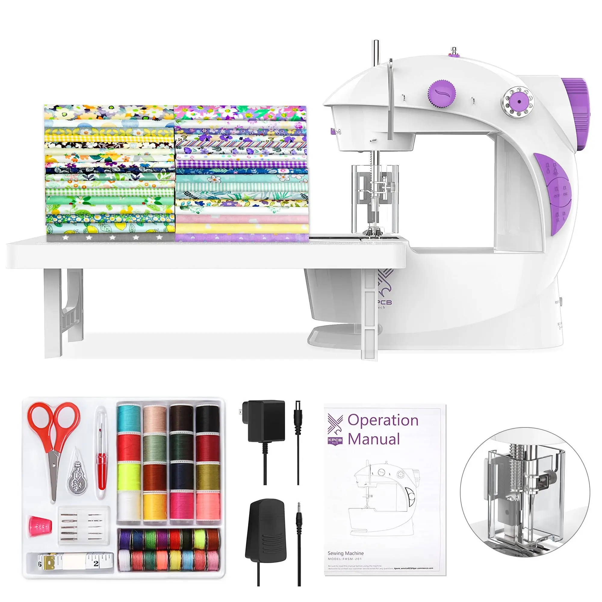 KPCB Tech Sewing Machine for Beginners [Full Set] with Finger Guard and Fabric Bundles - Mini Sewing Machine with Sewing Kits, Foot Pedal, US Adapter