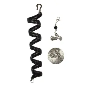 MEDIEVAL METAL 3-Piece Motorcycle Ponytail Wrap Set with Silver Charm & Hook for Secure Hold Tangle-Free Styling in Black Faux Leather & Silver Overlay on Brass
