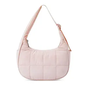 Small Puffer Crescent Shoulder Bag for Women – Quilted Waterproof Nylon Lightweight Purse with Side Pocket, Travel & Gym Handbag for Fall