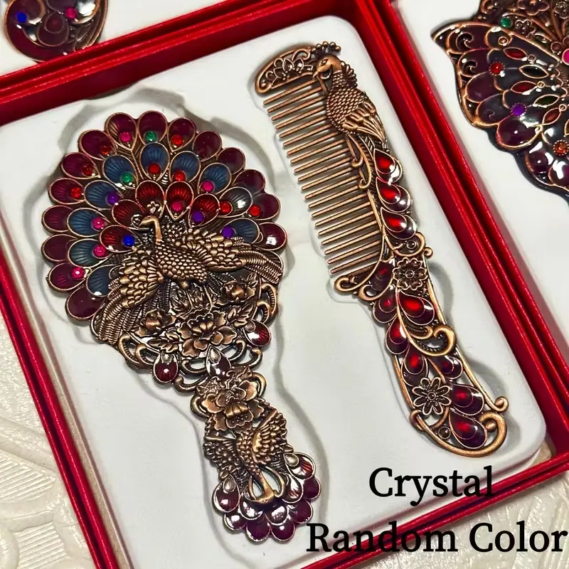 Retro Peacock Crown Mirror and Comb Set, Portable Polished Metal Frame, Glass Surface, No Battery, Perfect Gift Box for Ladies
