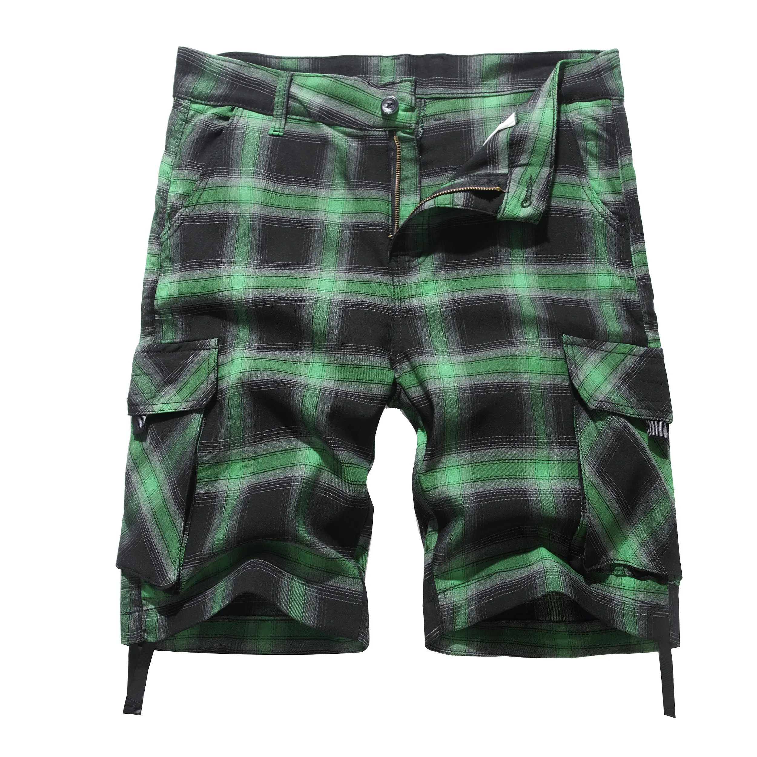 Men's Baggy Cargo Shorts, 10" Inseam Relaxed Fit Plaid Stretch Cotton-Elastane, Adjustable Zipper-Button Closure, Multi-Pocket for Outdoor Hiking Work Casual, Adjustable Zipper Men's Shorts, Baggy Cargo Men's Shorts, Above Knee Men's Shorts