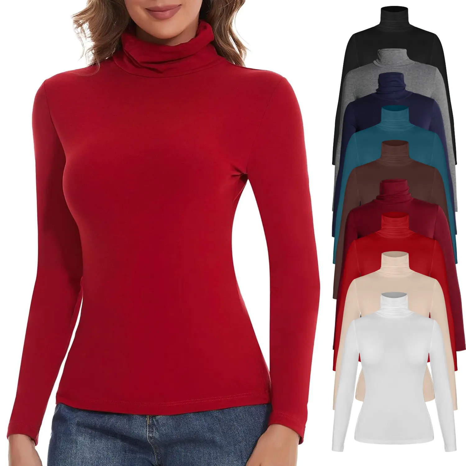 Women's Base Layer Thermal Underwear Tops - Long Sleeve Turtleneck Solid Tee, Stretchy Fabric Comfy Layering Piece for Fall-Winter Casual Women's Clothes