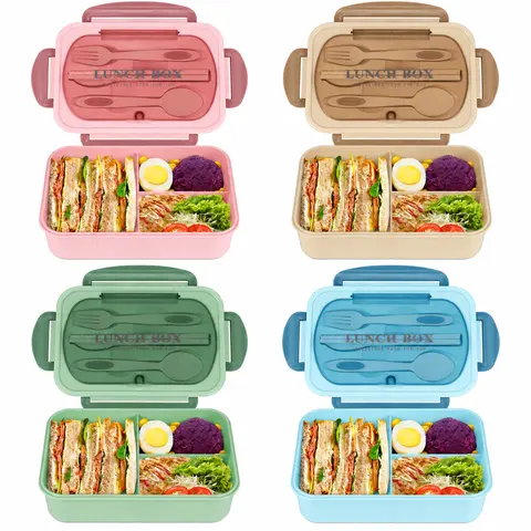 MIUVA 1220ml 3-Grid Bento Container - BPA-Free Food-Safe Durable Portable Lightweight Lunch Container with Tableware Set (Spoon,Fork,Knife,Chopsticks), Lid Flaps, Print Design, for Kids Over 5, Back to School Gift Idea for Packing Neat Healthy Meals