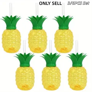 3/6pcs Set Plastic Pineapple Cups with Straws, Ideal for Hawaiian Luau, Tropical Beach Party, Halloween, Christmas Event Supplies