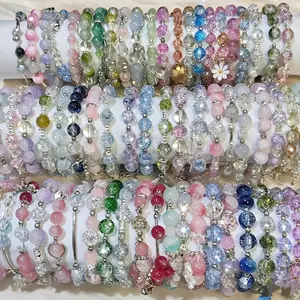 Women's 20pcs Glass Bead Bracelet Set - Stylish Elegant Sparkling Cracked Beads with Floral, Butterfly, Fishtail, Star, Bowknot Pendants, Niche Stackable Design, Random Color & Style Shipping