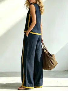 Comfy Summer Boho Matching Tank Top and Pants Set, Patchwork Sleeveless Top, Breathable Wide Leg Pants, Casual Beach for Women, Pockets