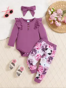 Cute Baby Girl Set, Baby Clothing, Round Neck Long Sleeve Floral Design Triangle Onesie & Comfortable Pants + Hairband Three-Piece Set