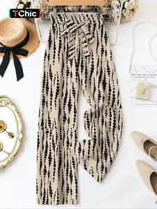 Women's casual and fashionable high waist elastic waist tie adjustable drawstring all over printed woven trousers wide leg pants, suitable for daily wear and outdoor activities, lazy time, beach vacation, the best choice for holidays