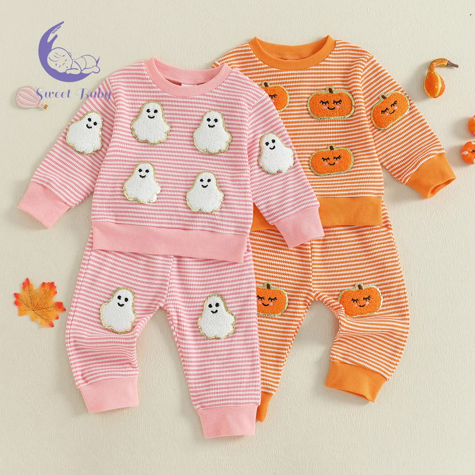 Toddler Baby Halloween Outfit Ghost Pumpkin Pattern Striped Crew Neck Long Sleeve Sweatshirt with Pants 2 Pcs Set