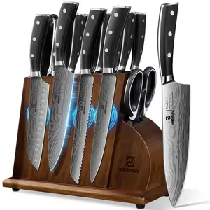 Piklohas Kitchen Knife Sets for Kitchen with Block 17 Pieces with Magnetic Knife Holder German High Carbon Stainless Steel Damascus Pattern Chef Knives Set with Sharpener Steak Knives