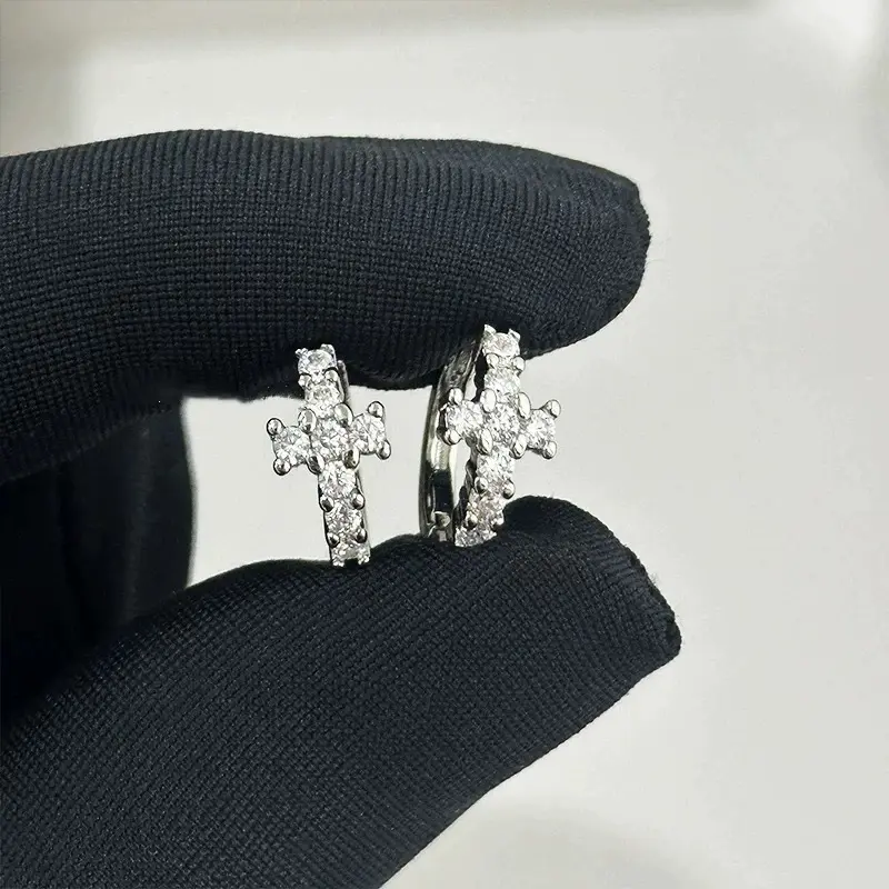 Cubic Zirconia Cross Huggie Ear Hoops for Women, Dainty 10mm Earrings for Sensitive Ears, Everyday Fashion Jewelry for Earring Stack, Artificial Zirconia Earrings, Hoops Shape Earrings