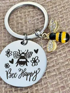 Charming Bee Theme Stainless Steel Keychain Set - "BEE HAPPY" Golden Bee and Floral Charm, Perfect Gift for Men, Summer Collection, Add a Natural Breath to the Space, Floral Pattern Keychain Key Chain Decorations