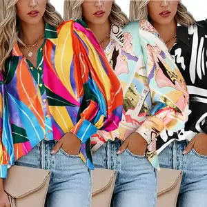 Women's Button Down Printed Lantern Long Sleeve Blouse Chic Collared Fitted Casual Tops 2025 Soft Fabric Feminine Patterned Blouse for Work Office Vacation Thin Fall& Winter