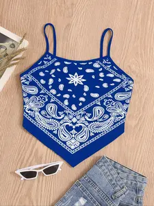 Women's Bohemian Ethnic Square Scarf Crop Fitted Tank Top, Fashionable Trendy Design, Lightweight Breathable Fabric, Perfect for Summer Casual Wear