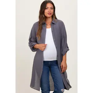 Charcoal Button Front Side Slit Oversized Maternity Blouse