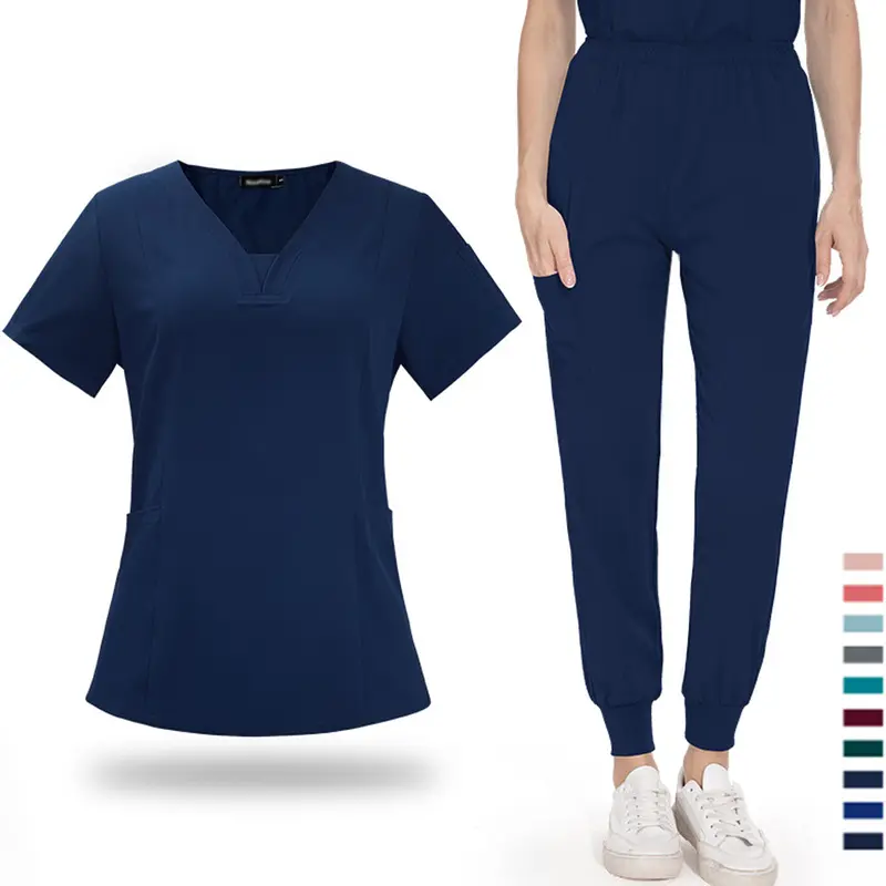 Must-Have V-neck Jogger-style Split Medical Scrub Set, Solid Color Nurse Uniform!