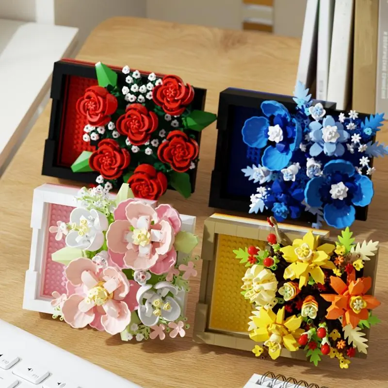 Flower Building Blocks Set, 1 Box Romantic Rose Flower Box, Creative Flower Blocks Set, Home Decor Ornament, Artificial Flowers, Gift for Friends & Family, Fruit