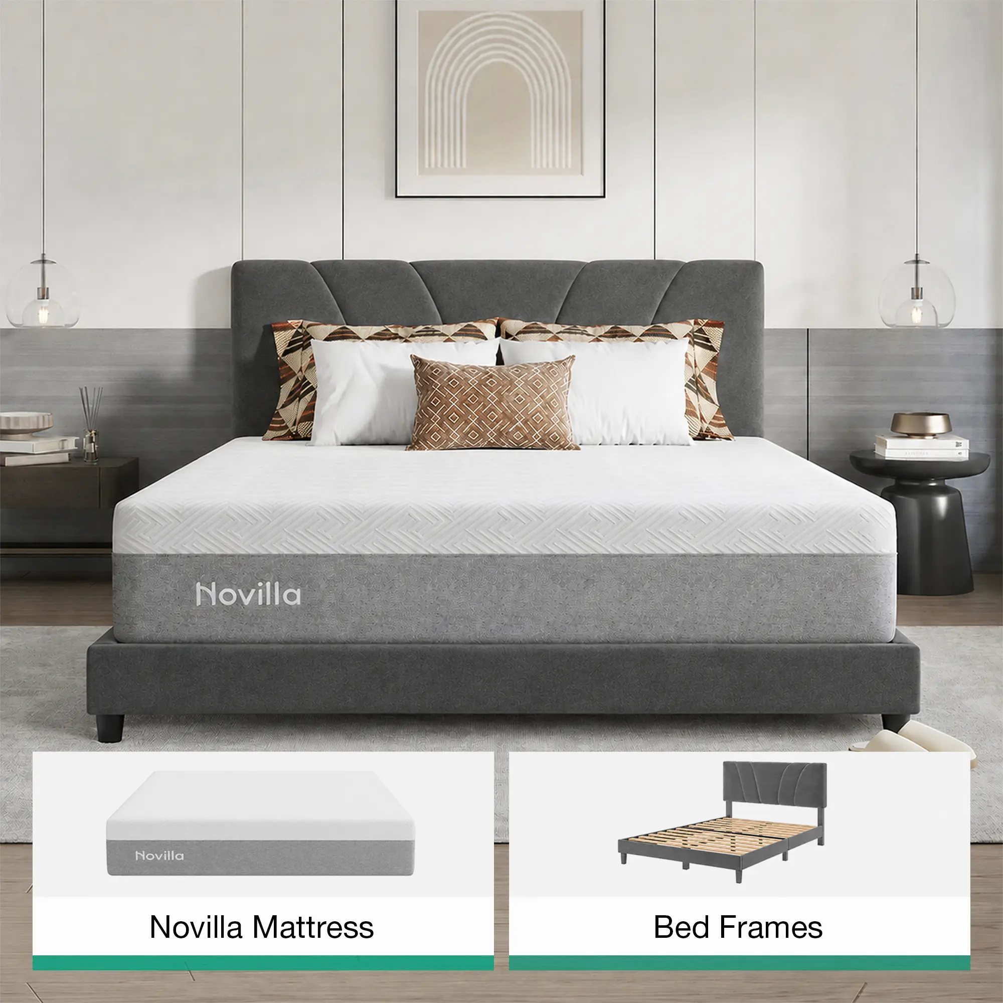 [2 Packages Shipping]Novilla Sleep Bundle 2-piece bedroom set: 12" Cooling Gel Mattress + Upholstered Bed Frame,tiktokshopstockup