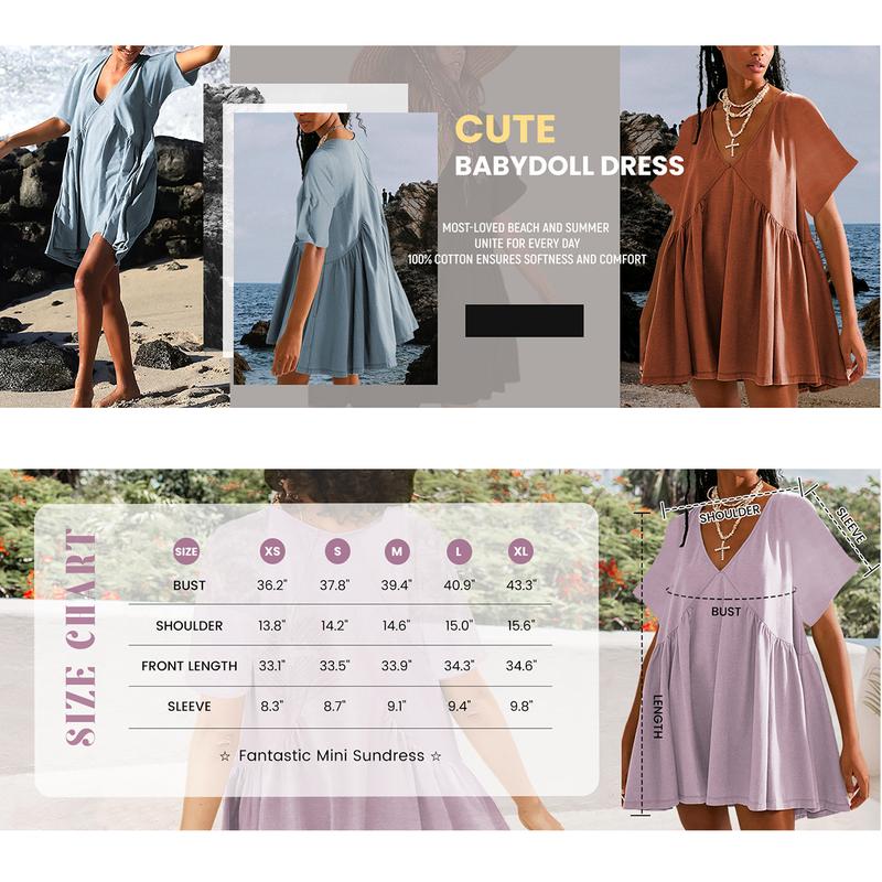Mundoven Womens Summer Mini Dress Casual Short Sleeve Loose V Neck Swing Sundress with Pocket