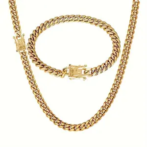 Men's Miami Cuban Link Chain Set 2 Pcs Gold Plated Stainless Steel 6mm Thick Straps Bracelet Necklace Street Hip-Hop Jewelry Set