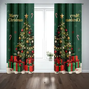 Curtains, 2 pieces, rod pocket design, Home Decoration Curtain, Green Christmas Tree with Gifts Merry Christmas pattern, sizes 23.62x59.06 inches and 51.18x82.68 inches, polyester fabric, suitable for home decor, durable