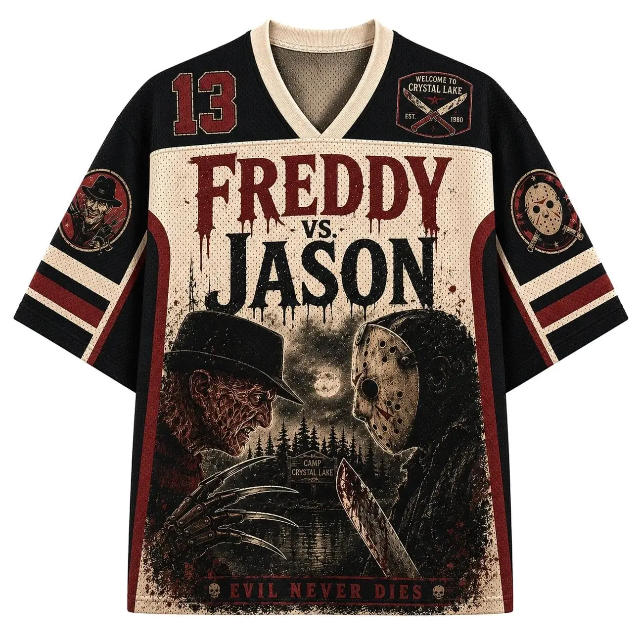 Nightmare vs Slasher Mesh Jersey Shirt, Horror Movie Graphic Jersey, Halloween Slasher Fan Top, Retro Spooky Unisex Jersey Gift 4MI