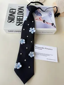 Women's Fabric Floral Pattern Pearl Decorated Tie, Adjustable Fit Neck Accessory, Lightweight Luxurious, Dual-Use, Dual Functionality, Ideal Gift for Parties and Daily Wear