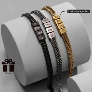 Unisex Waterproof Stainless Steel Franco Chain Bracelet - Exquisite, Durable, Adjustable, Customizable, Textured, with 1-6 Custom Beads, Birthday Gift for Husband & Boyfriend, Trendy Fashion Jewelry Accessory