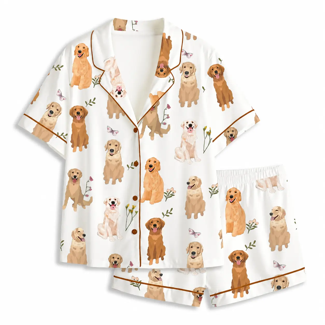 Women's Golden Retriever Floral Short Sleeve Satin Pajama Set