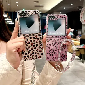 Leopard Print Phone Case for Samsung Galaxy Z Flip 7/6/5/4, Anti-Drop Two-Stage Protection, Hand Strap Design, Perfect for Women