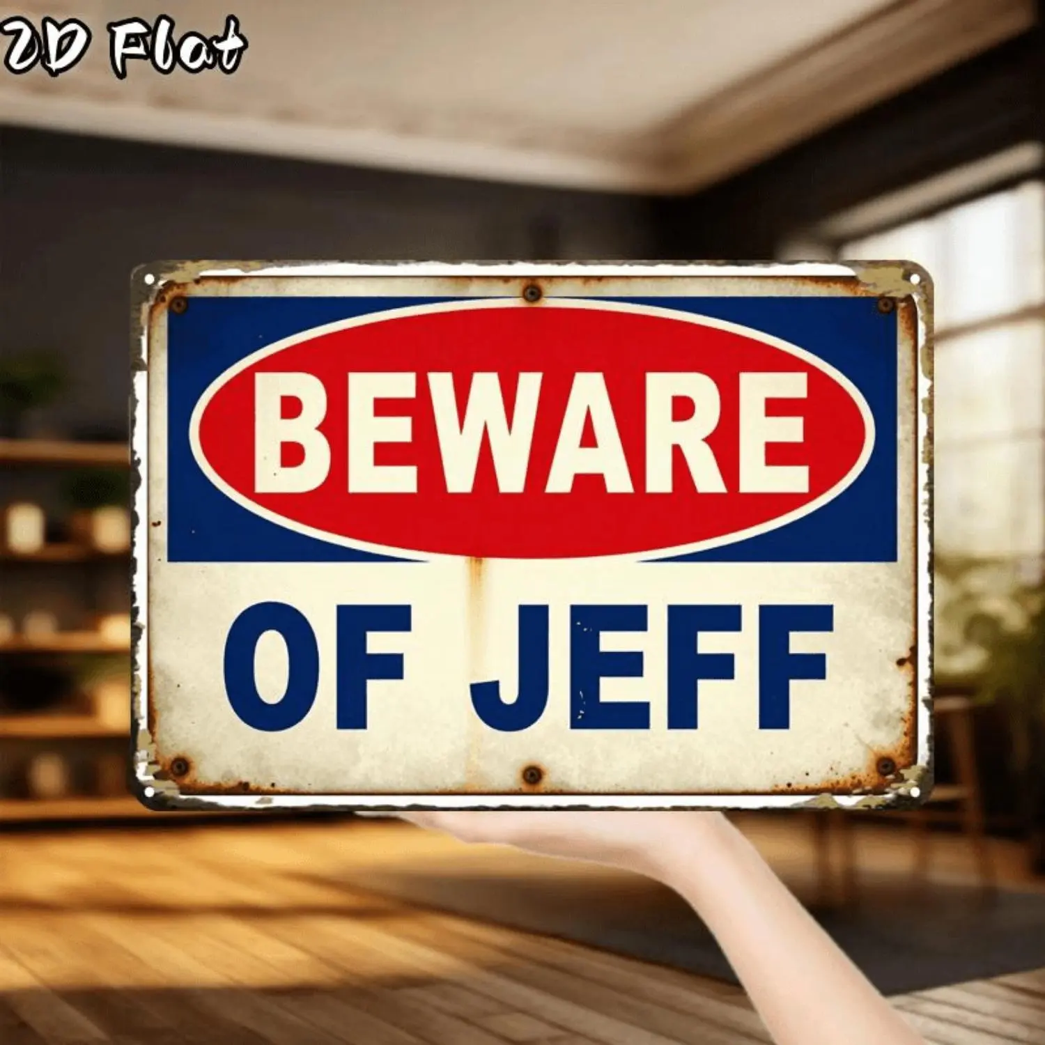2D Flat- 2D-Flat 1pc Set. Beware of Jeff, Creative Tin Sign for Garage Decoration, Large Font, High-Quality Printing, Home Decoration, 2D Flat, Perfect for Room Decoration 8X12