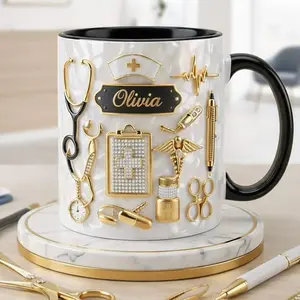 Custom Name Nurse Mug 2D Printed 3D Effect, Personalized Coffee Cup with Medical Nursing Design for Women, RNs and Healthcare Workers, Perfect for Graduation, Mother’s Day, Birthdays, Nurse Appreciation Week, Meaningful Gift Idea