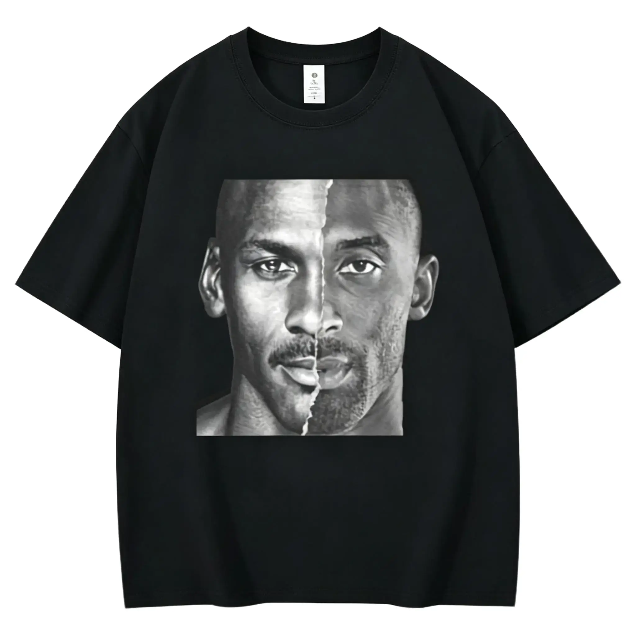 Jordan & Kobe Split Face Portrait Print Cotton T-shirt, Vintage Basketball Legend Oversized Streetwear Tee For Fans Men Women