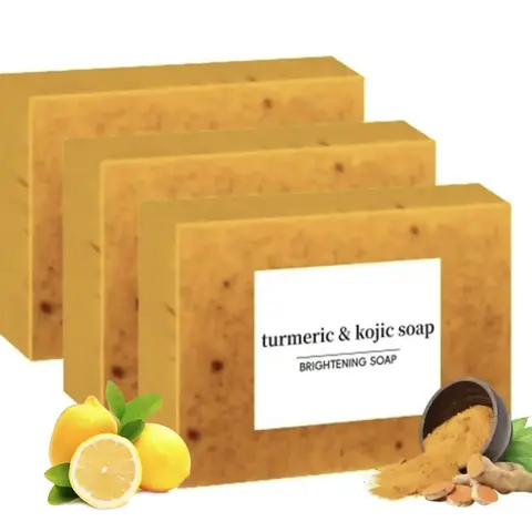 3PCS Turmeric Kojic Acid Soap Set - Lemon Infused, Alcohol Free, Contains Neither Harsh Additives, Brightening Exfoliating Cleanser for Face & Body, Body Care Cleansing Bath & Shower Bars for Youth-Focused Skin Care