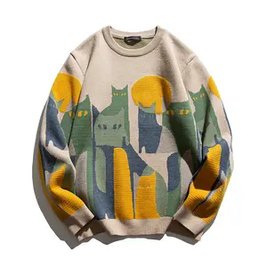 Oversized Unisex Couple Casual Soft Fall Knitted Cotton Cat Print Sweater for Fashionable Wear