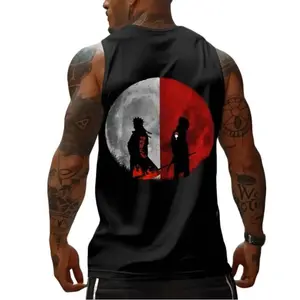 Oversized Anime Print Gym Tank Top with Unique Moon Design and Silhouette Artwork for Men