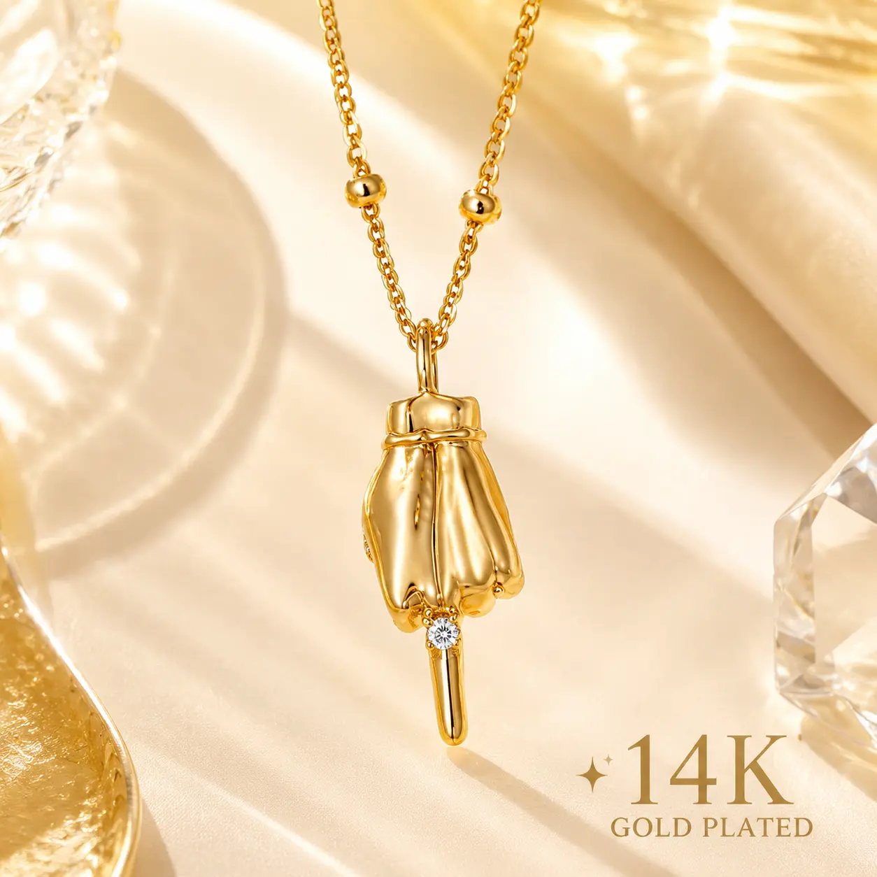 Gildelle 14K Gold-Plated Hand Gesture Pendant Necklace with Cuban-Style Curb & Rope Chain, Clear Stone Accents, 5 Sculptural Charm Styles, Unisex Y2K Streetwear Jewelry