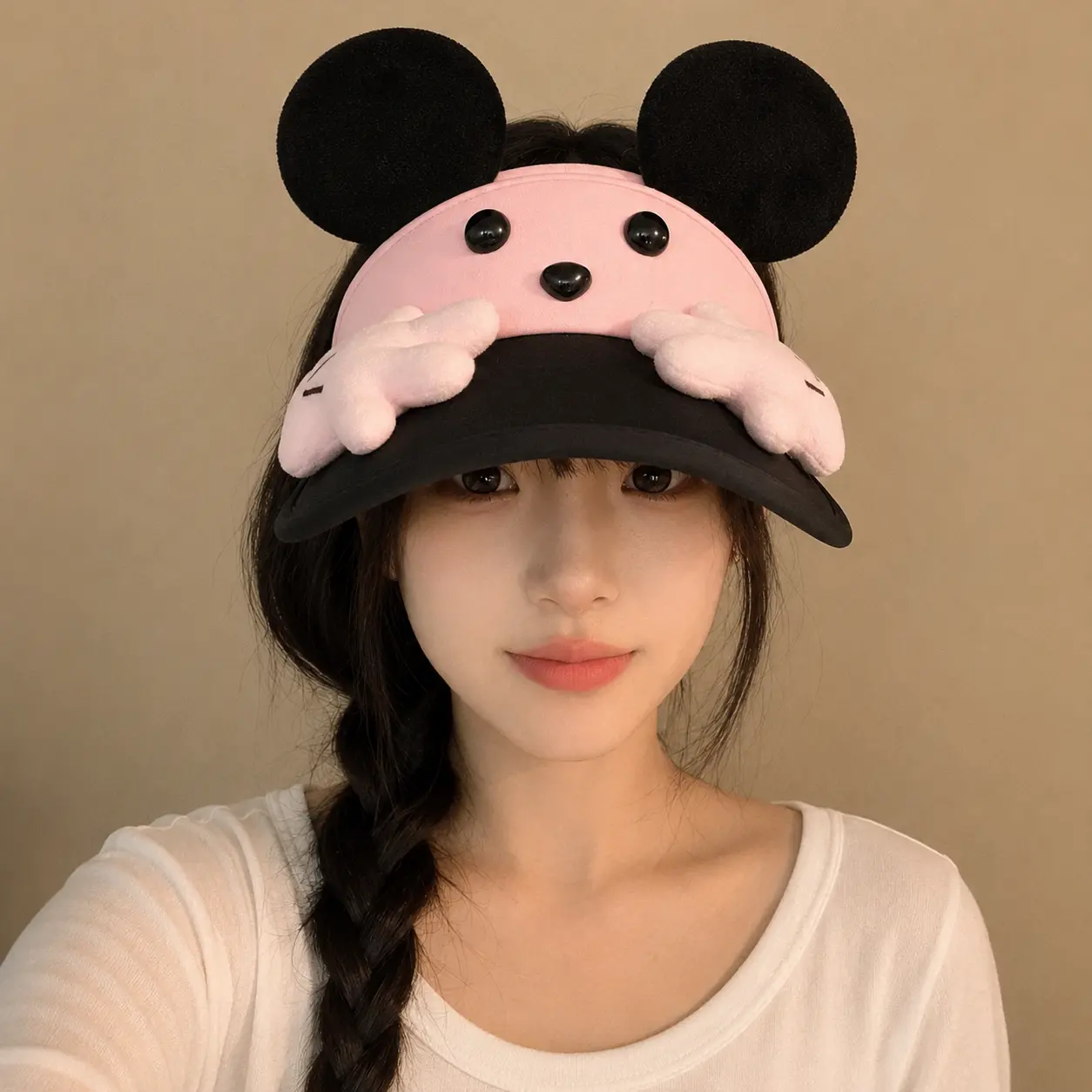 Cute Plush Animal Ear Visor Hat – Open Top Adjustable Sun Cap with Soft Paw Details, Pink and Black