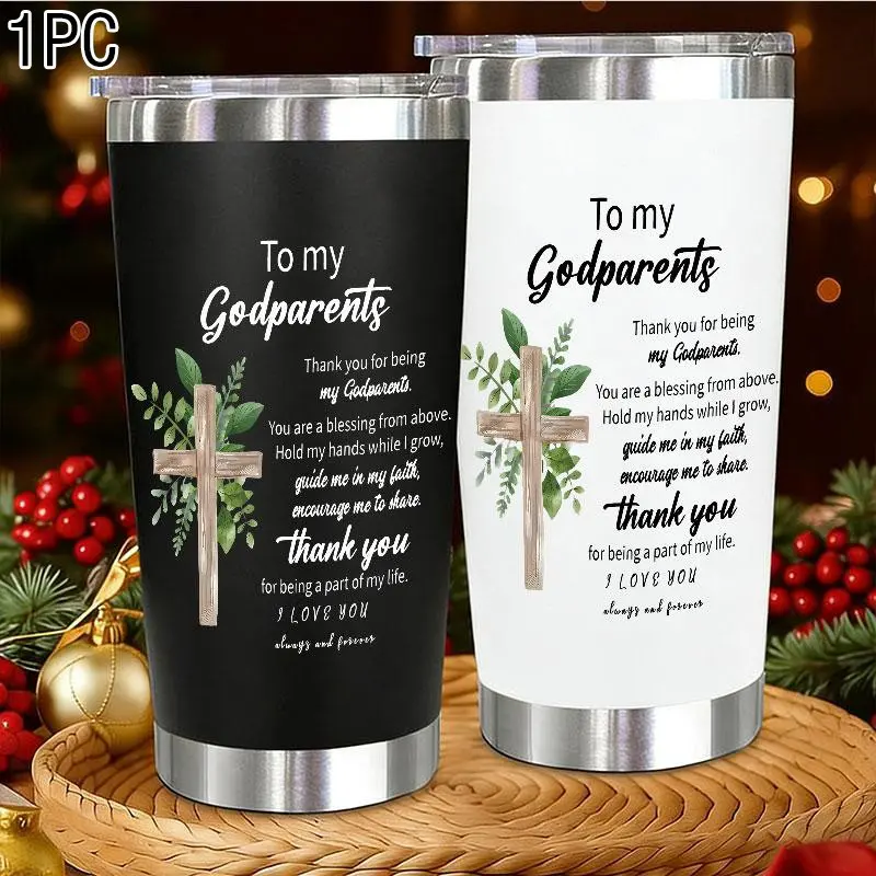 Warm Gratitude "To my Godparents" Design 20oz Stainless Steel Cup, Stainless Steel Tumbler, Thermos Cup with Lid, Insulated Mug, Reusable Drinking Cup, Water Bottle for Iced Coffee, Cold Drinks, Perfect Gift for Godparents, Gratitude Givers