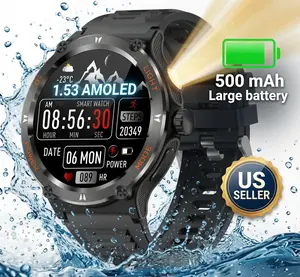 Military Smart Watch - 1.53" Touch-Screen High-Tech Water-Resistant Smart Watch with Compass, LED Flashlight, 3ATM Waterproof, 500mAh Battery, Fitness Tracker, Water-Resistant Smart Watches, High-Tech Smart Watches