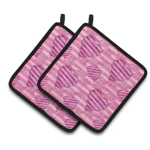 Carolines Treasures  Watercolor Hot Pink Striped Hearts Pair of Pot Holders