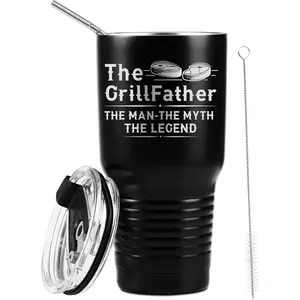 Grilling Gifts for Men Dad BBQ Tumbler - Barbecue Chef Gifts for Smoker Dad Him Grandpa Son Brother Uncle - 30oz Stainless Steel Tumbler Cup with Straw & Lid - The GrillFather