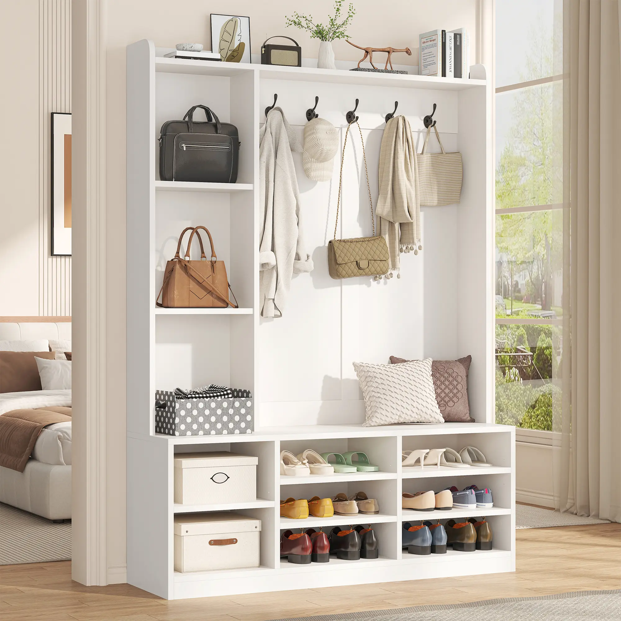 5-in-1 Entryway Hall Tree with Bench & 5-Hook Coat Rack Organizer with Shoe Storage for Clothes, Shoes, Hats, Scarves, Bags, Umbrellas & Keys | 65.7" Tall Coat Rack with Shoe Storage & Top Shelf