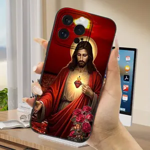 Sacred Heart of Jesus themed phone case with red accents, featuring anti-drop and anti-slip TPU full-coverage lens protection. Suitable for iPhone 17, 16, 15, 14, 13, 12, 11, Samsung, and other series models. Makes a great gift for friends or family.