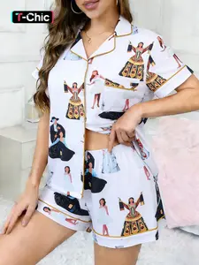 2-piece set of women's white background full of Kristen Opera Phantom cartoon print pattern short sleeved shorts, soft and comfortable top with small pockets, lapel design, button closure, elastic waistband, all season home daily casual women's sleepwear