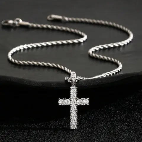 Shimmering Rhinestone Cross Pendant Necklace with Stainless Steel Chain, Elegant Luxury Jewelry for Men, Girls & Kids Daily Wear, Birthday Gift, Decorative Shining Necklace