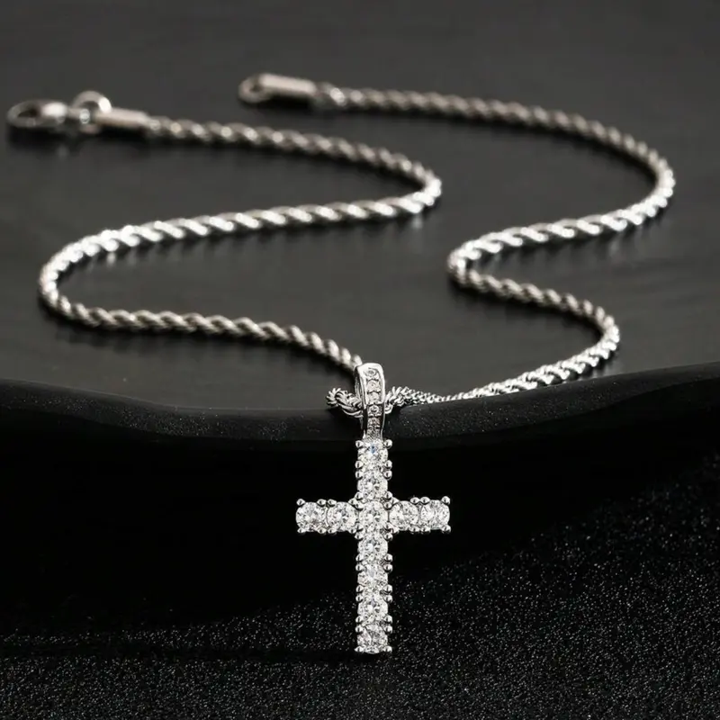 Shimmering Rhinestone Cross Pendant Necklace with Stainless Steel Chain, Elegant Luxury Jewelry for Men, Girls & Kids Daily Wear, Birthday Gift, Decorative Shining Necklace